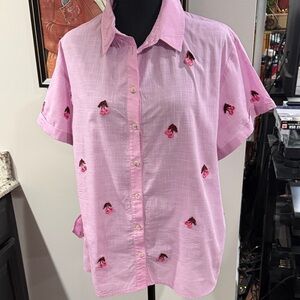 Pink Button-Up Shirt with Cherry Embroidery Maeve Anthropologie Sz XL